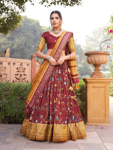 Lovely Maroon Tussar Silk Minakari Printed Lehenga Choli - women's fashion mart