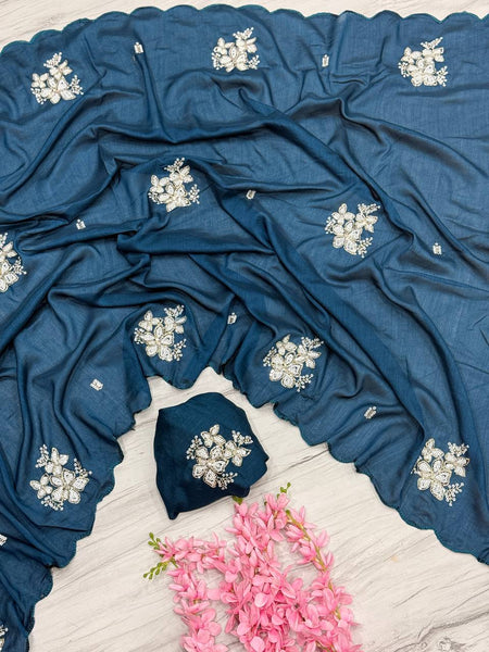 Latest Partywear Look Vichitra Silk Sequence Work Saree  women's fashion mart