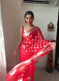 Red Colour 1-Min Cotton Silk Ready To Wear Saree With Blouse Piece -Ready to Wear Saree Default Title women's fashion mart