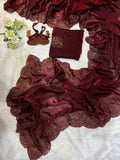 New Maroon Pure Space Silk Handwork Saree With Beautiful Blouse  women's fashion mart