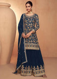 Breathtaking Navy Blue Chinon Embroidered Sharara Suit - women's fashion mart