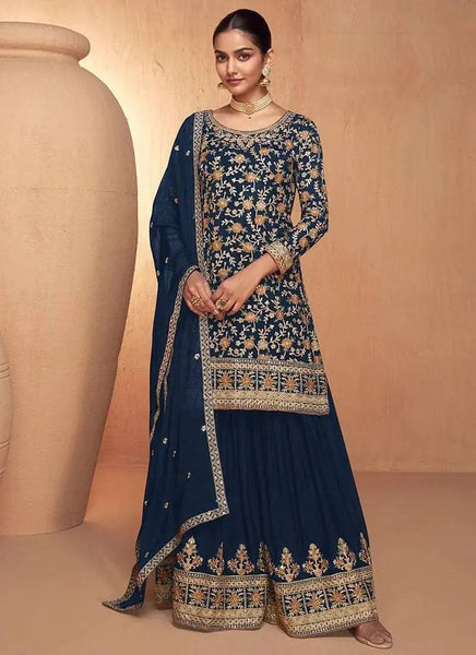 Breathtaking Navy Blue Chinon Embroidered Sharara Suit - women's fashion mart