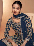 Breathtaking Navy Blue Chinon Embroidered Sharara Suit - women's fashion mart