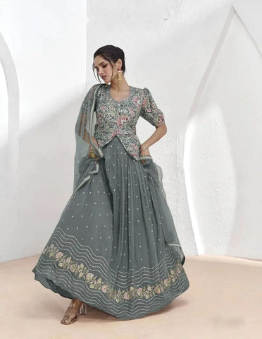 Graceful Grey Georgette Embroidered Party Wear Lehenga Choli - women's fashion mart