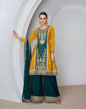 Glowing Yellow and Teal Blue Chinon Embroidered Sharara Suit - women's fashion mart