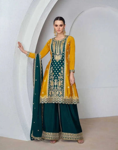 Glowing Yellow and Teal Blue Chinon Embroidered Sharara Suit - women's fashion mart
