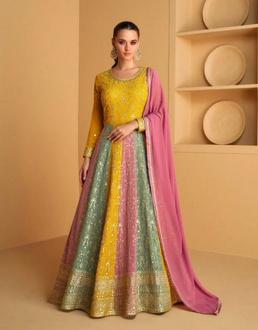 Radiating Multi Colored Faux Georgette Anarkali Gown - women's fashion mart