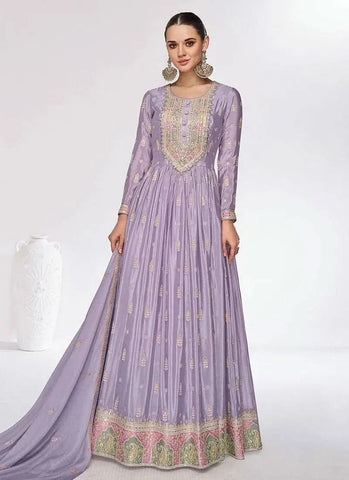 Stunning Lavender Chinon Embroidered Gown - women's fashion mart