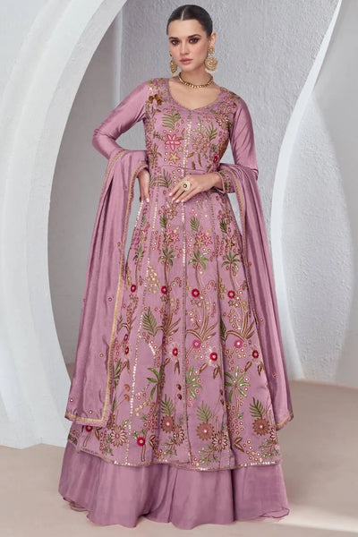 Ethnic Designer  Mauve Viscos Silk Embroidered Gown With Skirt - women's fashion mart