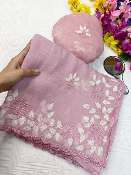 New Partywear Look Fancy Designer Cotton Tread Work Embroidery Saree With Super Blouse  women's fashion mart