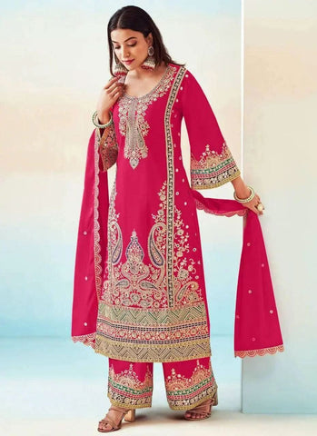 Elegant Pink Chinon Embroidered Palazzo Suit -Salwar Kameez M women's fashion mart