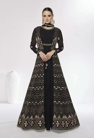 Classic Black Embroidered Faux Georgette Gown With Jacket - women's fashion mart