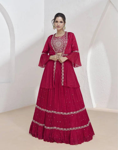 Ravishing Red Embroidered Chinon Lehenga Choli With Jacket - women's fashion mart