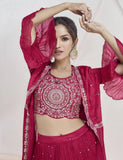 Ravishing Red Embroidered Chinon Lehenga Choli With Jacket - women's fashion mart