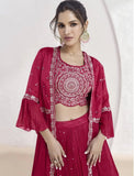 Ravishing Red Embroidered Chinon Lehenga Choli With Jacket - women's fashion mart