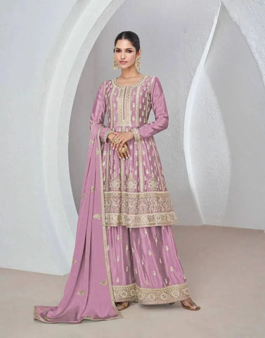 Glowing Mauve Festive Wear Embroidered Chinon Sharara Suit - women's fashion mart