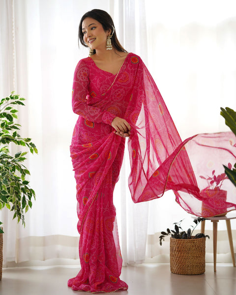 Pink chiffon bandhani Printed Ready to wear saree -Saree XS women's fashion mart