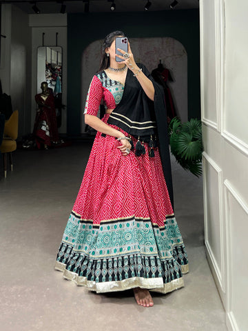 Pink Color Bandhej And Ajarakh Print With Gota Lace Border Rayon Chaniya Choli - women's fashion mart