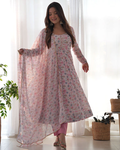 Pink Color Chiffon Floral Pant Style Anarkali Suit With Dupatta -Anarkali Suit S women's fashion mart