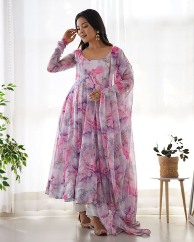 Pink Color Organza Floral Printed Anarkali Suit With Dupatta -Anarkali Suit S women's fashion mart