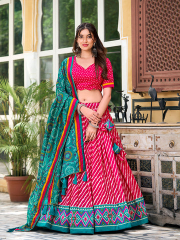 Pink Color Leheriya With Patola Print Tussar Silk Lehenga Choli - women's fashion mart