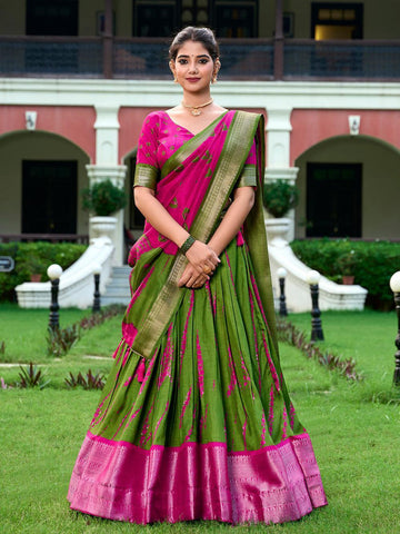 Pink Color Shibori Print With Zari Weaving Border Dola Silk Chaniya Choli -shibori printed lehenga choli Unstitched / Semi-Stitched / Semi-Stitched women's fashion mart