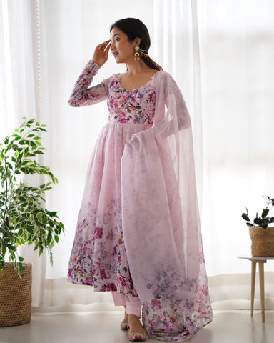 Pink Organza Printed Anarkali Suit With Dupatta -Anarkali Suit S women's fashion mart
