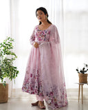 Pink Organza Printed Anarkali Suit With Dupatta -Anarkali Suit S women's fashion mart