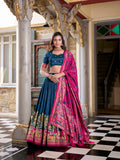 Peacock Blue Color Printed Foil Work Tussar Silk Lehenga Choli