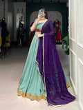 See Green Color Embossed Design With Gotta Patti Lace Touch Up Rayon Chaniya Choli