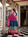 Peacock Blue Color Printed Foil Work Tussar Silk Lehenga Choli