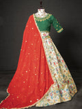Green Color Digital Printed Zarna Silk South Indian Lehenga Choli Set