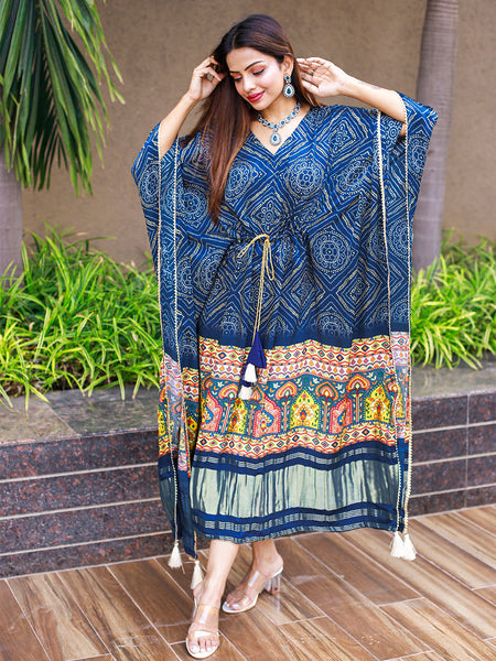 Blue Color Digital Bandhej Print Pure Gaji Silk Kaftan - women's fashion mart