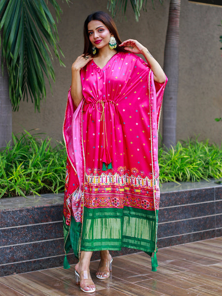 Pink Color Digital Bandhej Print Pure Gaji Silk Kaftan - women's fashion mart