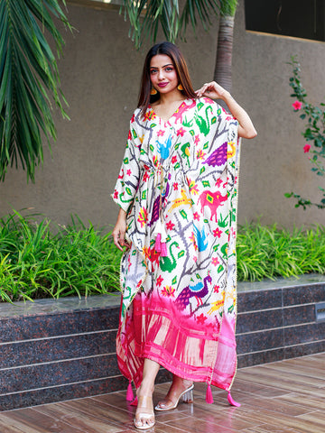 White Color Digital Bandhej Print Pure Gaji Silk Kaftan - women's fashion mart