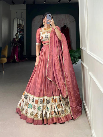 Peach Color Plain And Printed Shimmer Lehenga Choli -shimmer choli Unstitched / Semi-Stitched / Semi-Stitched women's fashion mart