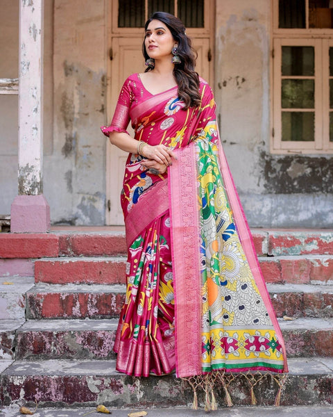 Magenta Tussar Silk Saree with Artistic Peacock & Floral Kalamkari Design  women's fashion mart
