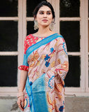 Beige and Red Tussar Silk Saree with Divine Motifs and Floral Zari Border  women's fashion mart