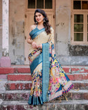 Beige & Teal Tussar Silk Saree with Intricate Kalamkari and Zari Border  women's fashion mart