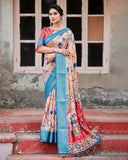 Beige and Red Tussar Silk Saree with Divine Motifs and Floral Zari Border  women's fashion mart