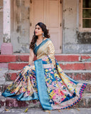 Beige & Teal Tussar Silk Saree with Intricate Kalamkari and Zari Border  women's fashion mart