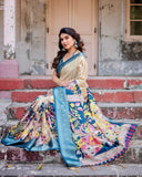Beige & Teal Tussar Silk Saree with Intricate Kalamkari and Zari Border  women's fashion mart