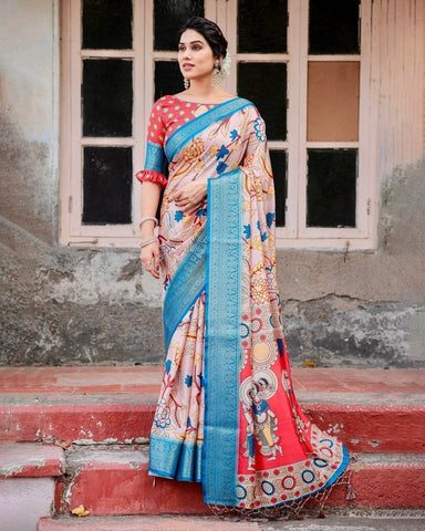 Beige and Red Tussar Silk Saree with Divine Motifs and Floral Zari Border  women's fashion mart