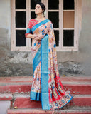 Beige and Red Tussar Silk Saree with Divine Motifs and Floral Zari Border  women's fashion mart