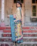 Beige & Teal Tussar Silk Saree with Intricate Kalamkari and Zari Border  women's fashion mart