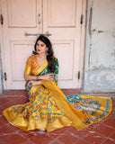 Golden Yellow Tussar Silk Saree with Vibrant Peacock Kalamkari Motifs  women's fashion mart