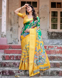Golden Yellow Tussar Silk Saree with Vibrant Peacock Kalamkari Motifs  women's fashion mart