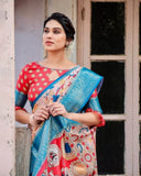Beige and Red Tussar Silk Saree with Divine Motifs and Floral Zari Border  women's fashion mart