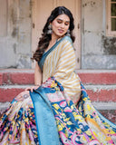 Beige & Teal Tussar Silk Saree with Intricate Kalamkari and Zari Border  women's fashion mart