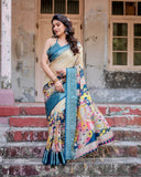 Beige & Teal Tussar Silk Saree with Intricate Kalamkari and Zari Border  women's fashion mart